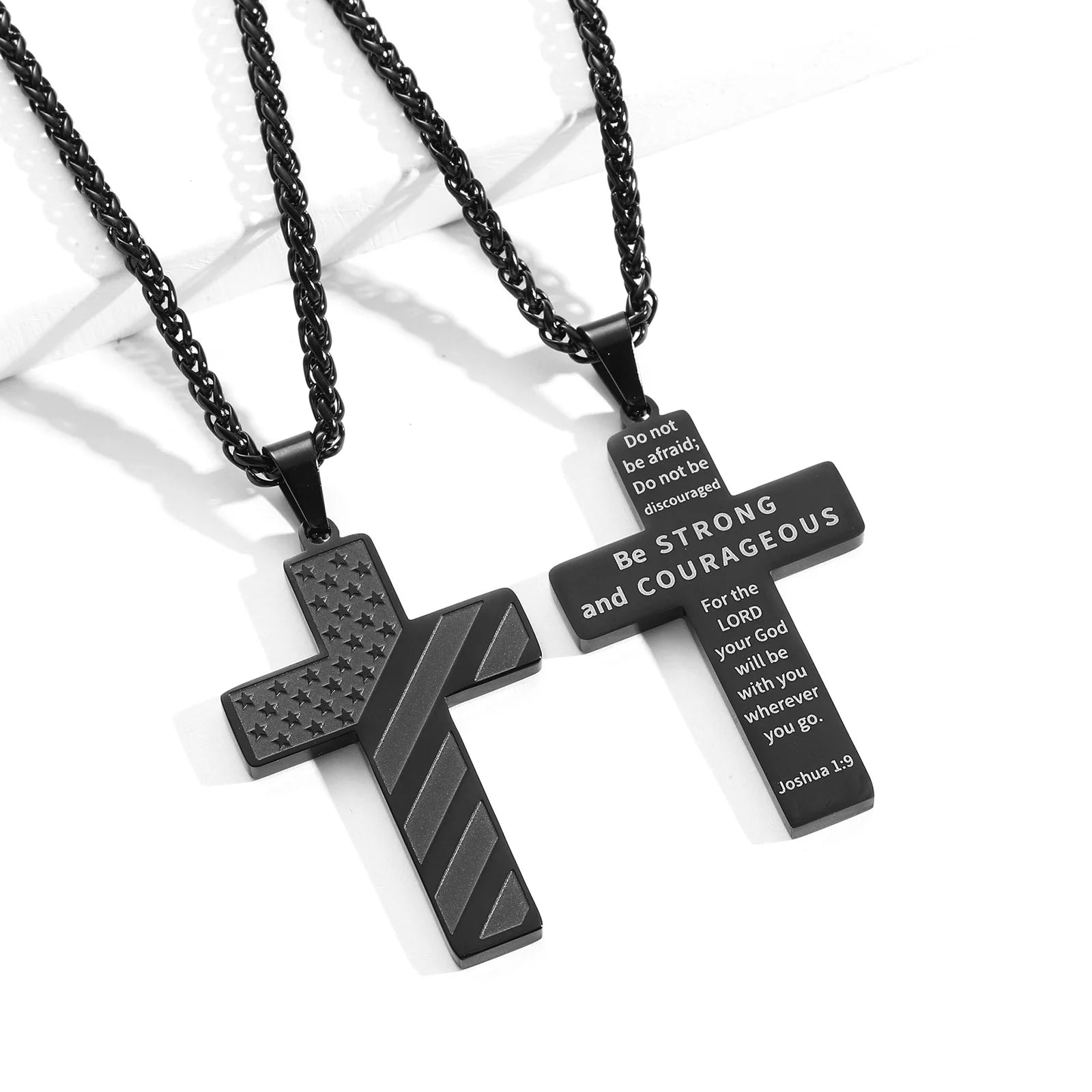 Black Cross Necklace for Men Boyfriend Son Husband Father Bible Verse Joshua 1:9 Stainless Steel USA American Flag Pendant Chain for Men Religious Jewelry Gift for Men Boyfriend