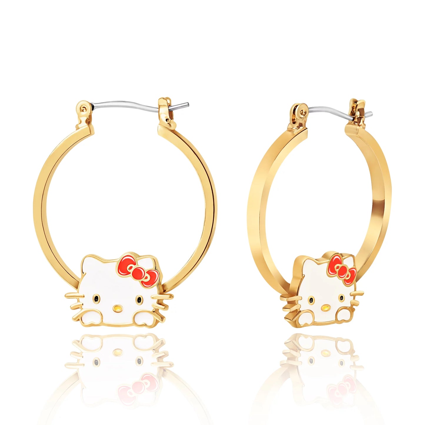 Hello Kitty Womens Hoop Earrings- Plated Gold and Enamel Hello Kitty Earrings- Hello Kitty Jewelry