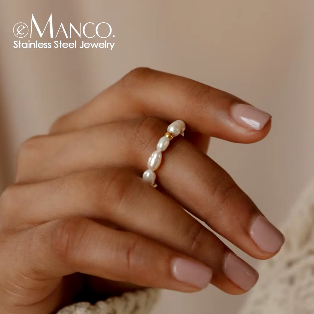 Emanco Korean Imitation Pearl Minimalist Pearl Finger Ring White round Pearl Ring Wedding Anniversary Gift